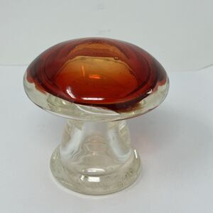 Vintage Glass Mushroom Paperweight 2.5” Tall x 3.25” Cap Red Orange Clear stem